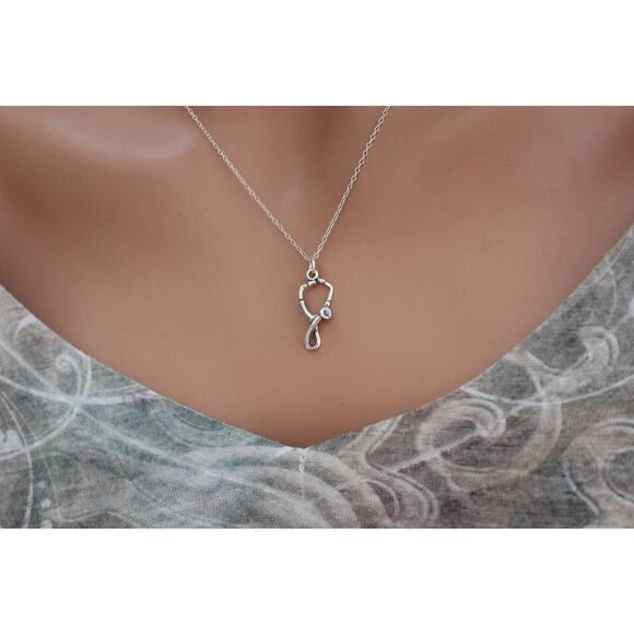 Sterling Silver Stethoscope Charm Necklace, Sterling Silver Stethoscope Necklace - Picture 3 of 5